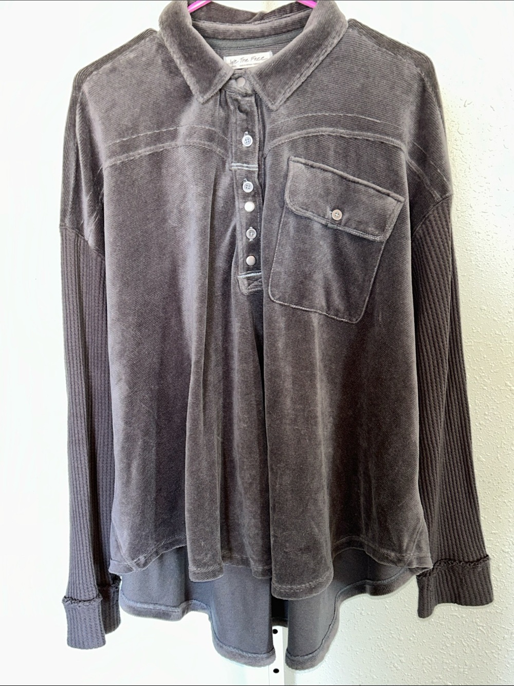 We The Free Charcoal Velour Pullover Shirt. OVERSIZED